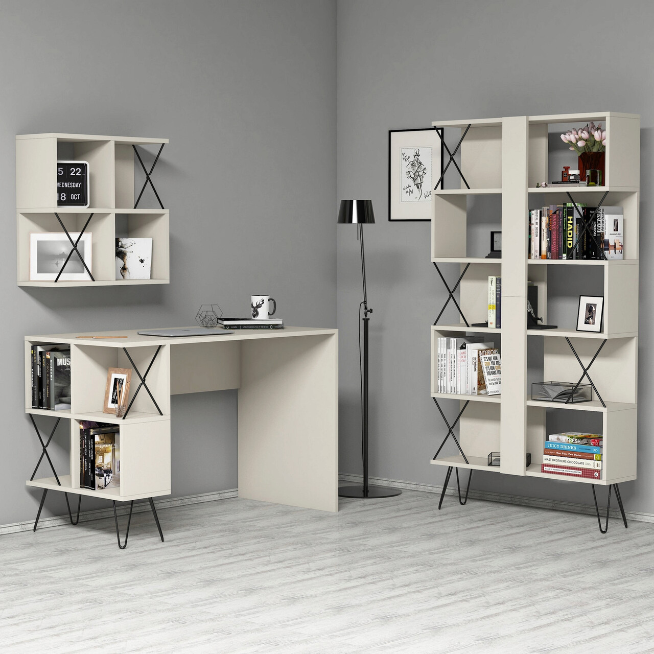 Set birou si biblioteca, Hanah Home, Extra 2, 120x78.8x60 cm, Crem/Negru - imagine 7